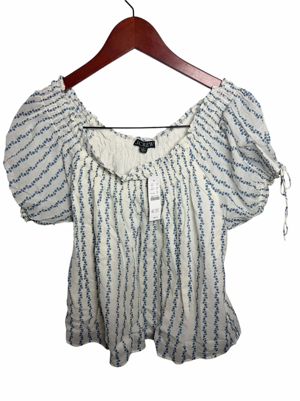 J. Crew Puff Sleeve White Blue Floral Women's XS New